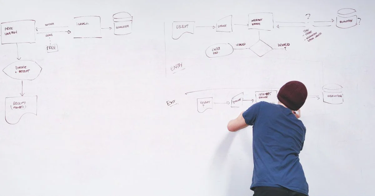 Homme en bonnet réfléchissant et écrivant un organigramme sur un tableau blanc de bureau, planifiant des idées.