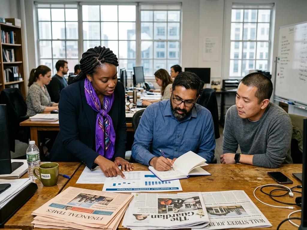Journalistes en pleine collaboration dans une salle de rédaction pour des articles économiques.